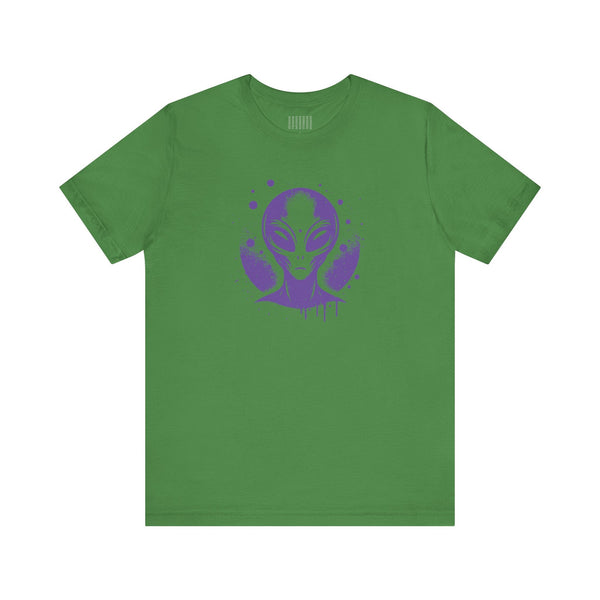 Green alien t shirt in a purple graphic in streetwear style