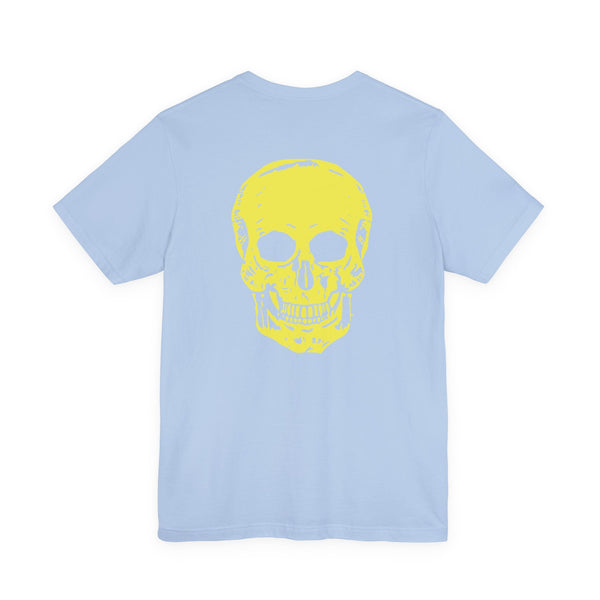Underground style yellow skull graphic tee with jumbo back print on light blue cotton shirt