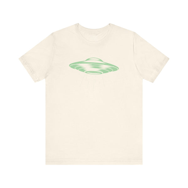 Celadon green retro space ship t shirt on cream unisex short sleeve cotton tee shirt