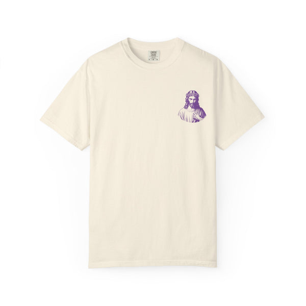 Unisex cream t-shirt with small purple Jesus graphic on left chest, Christian streetwear design