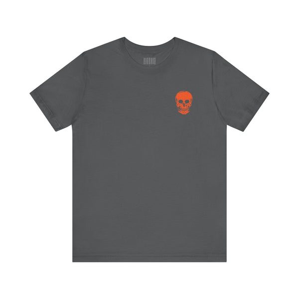 Dark gray t-shirt with a small orange skull graphic on the front left chest, part of cool skull shirts collection