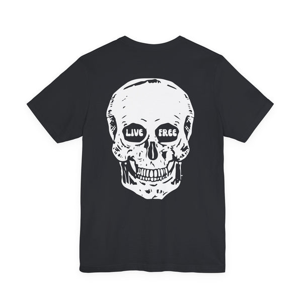 Black streetwear t-shirt with a large white skull graphic and "Live Free" text on the back.