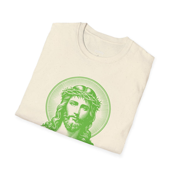 Folded spiritual shirt with green halo Jesus front print on white background