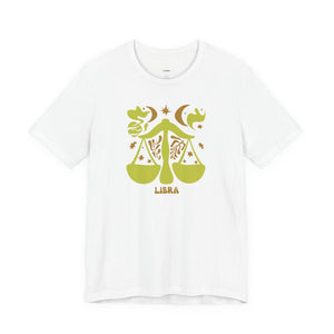 White unisex t-shirt with retro green Libra zodiac scales and celestial design by Fugitive Tees