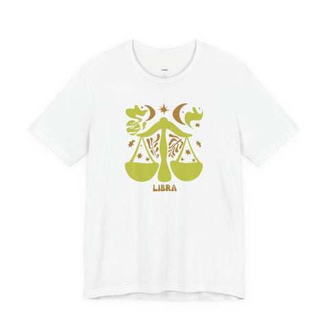 White unisex t-shirt with retro green Libra zodiac scales and celestial design by Fugitive Tees