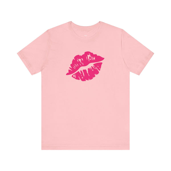 pink unisex tee with bold hot pink lip print graphic on front