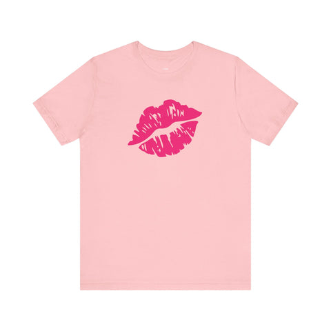 pink unisex tee with bold hot pink lip print graphic on front