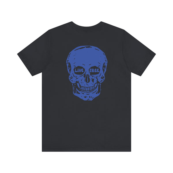 Black streetwear t-shirt with oversized blue skull back print featuring "Live Free" text in the eye sockets.