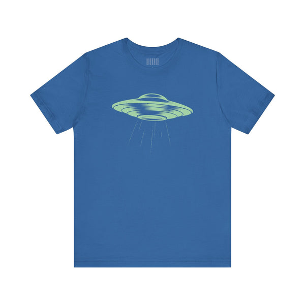 Blue unisex short sleeve tee with celadon green retro UFO spaceship graphic on front