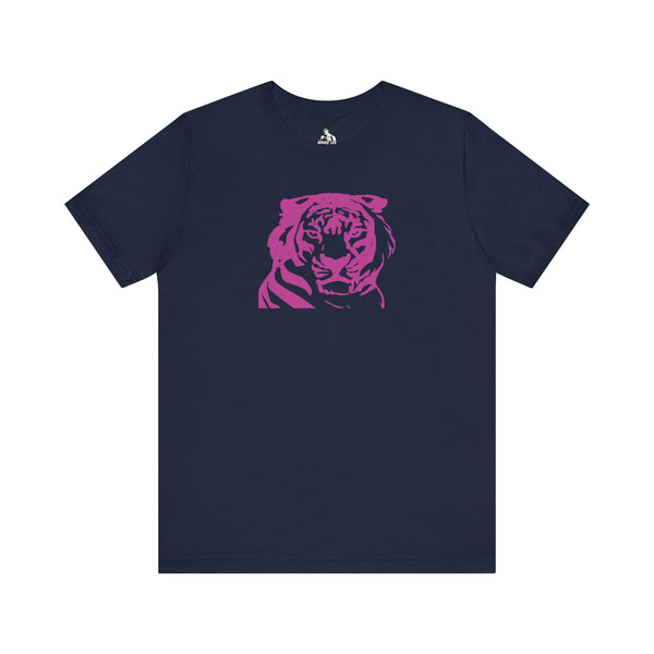 Navy t-shirt with bold pink tiger graphic in 70s style vintage design