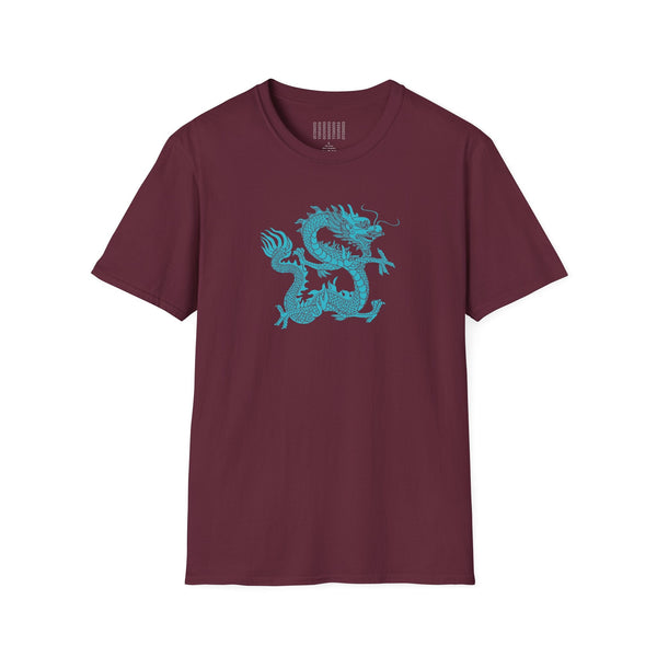 Maroon dragon t shirt with turquoise mythical dragon graphic design