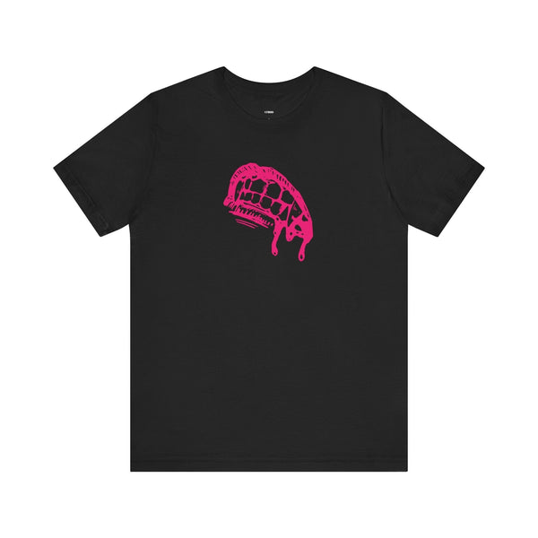 Black vampire t shirt with bold pink dripping fangs graphic for edgy streetwear style