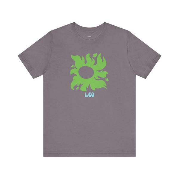Gray unisex Leo t shirt with green Leo sunburst graphic and light blue Leo text on front