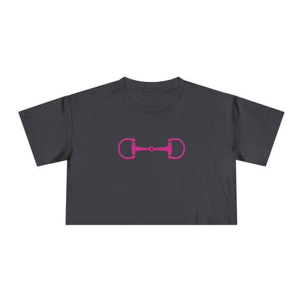 Dark gray cropped tee with bold pink horsebit graphic, modern equestrian style, relaxed fit, and breathable cotton fabric.