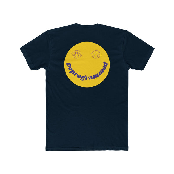 Navy blue tee with large yellow retro smiling face and "deprogrammed" text on back, 1990's rave style