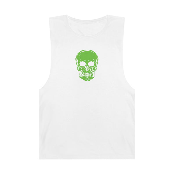 White goth skull tank top with bold green skull graphic, edgy alternative streetwear muscle tee