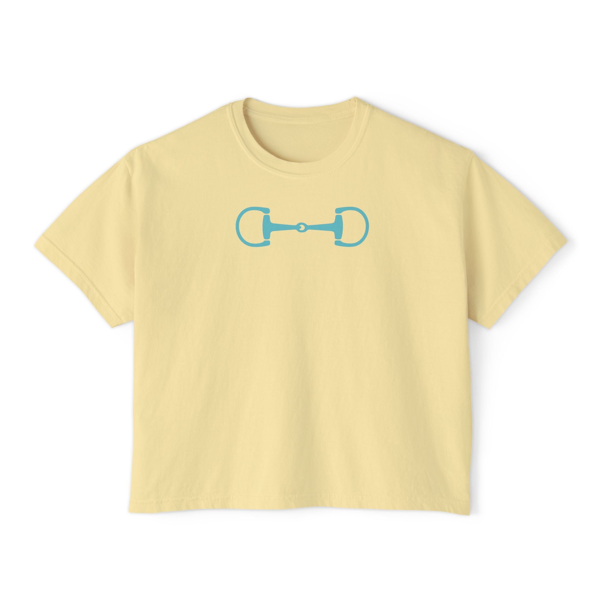 Yellow boxy tee shirt with aqua horsebit graphic, modern equestrian streetwear style, made from soft cotton