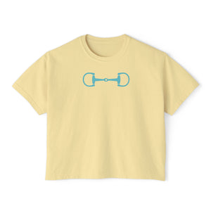 Yellow boxy tee shirt with aqua horsebit graphic, modern equestrian streetwear style, made from soft cotton