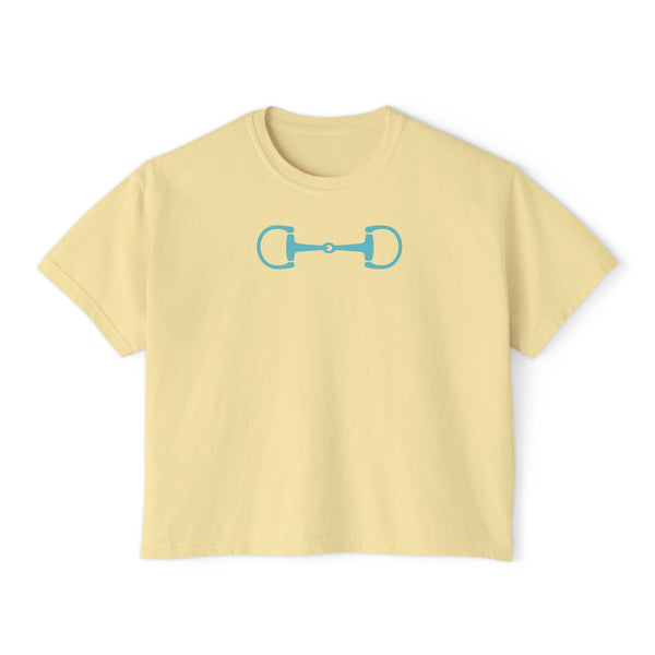 Yellow boxy tee shirt with aqua horsebit graphic, modern equestrian streetwear style, made from soft cotton