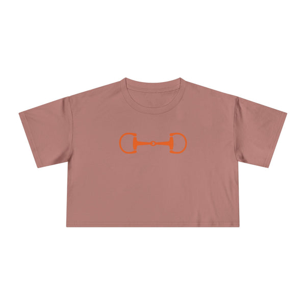 Orange cropped tee with minimalist horsebit graphic for equestrian style enthusiasts