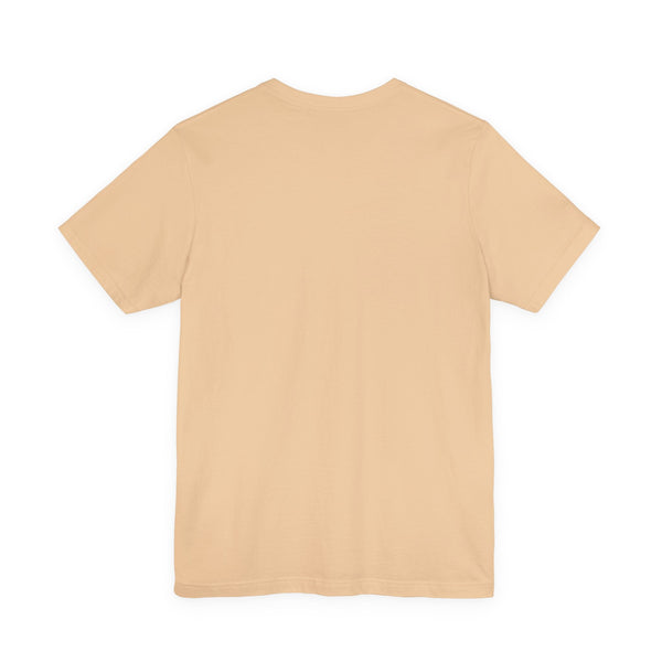 Beige graphic t shirt back view made of 100% cotton with ribbed collar and short sleeves