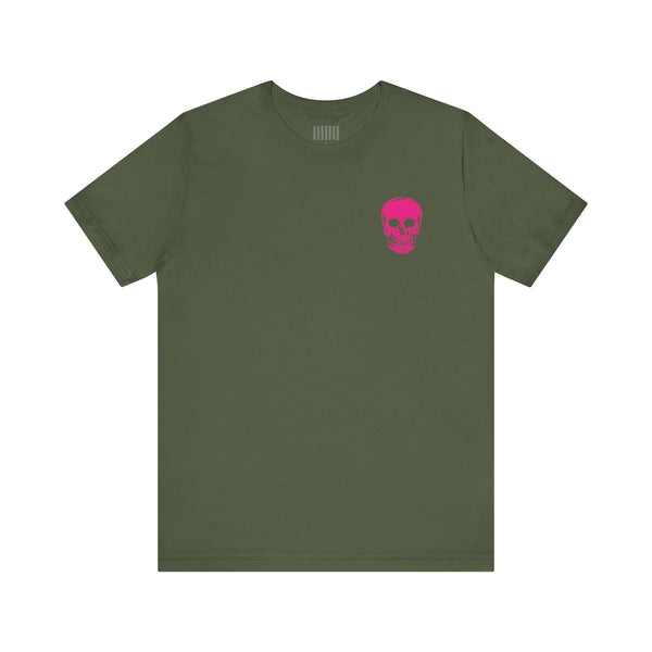 olive green punk rock tee with small hot pink skull on left chest