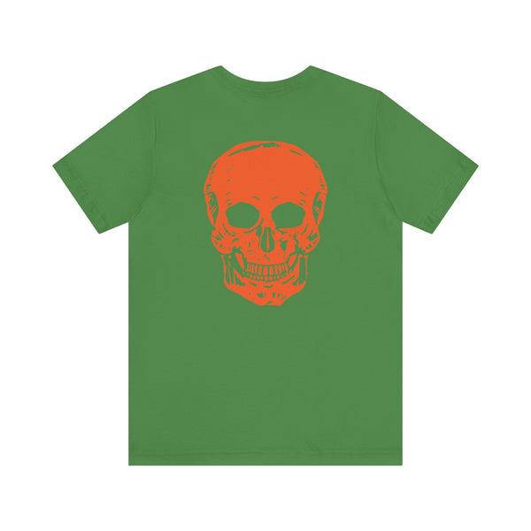 Green t-shirt with large orange skull print on back and small orange skull on front, cool skull shirts design