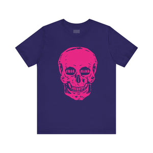 Festival style purple tee with jumbo pink skull graphic and "FREE MIND" text in eye sockets