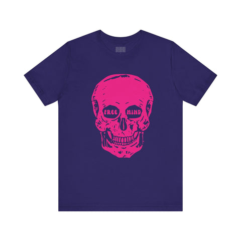 Festival style purple tee with jumbo pink skull graphic and "FREE MIND" text in eye sockets