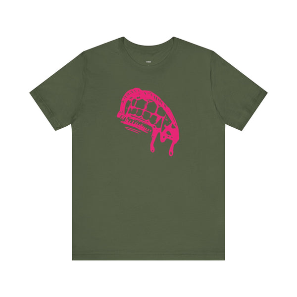 Green t-shirt with pink vampire fang graphic for gothic fashion fans