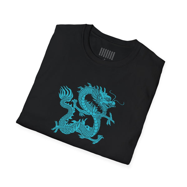 Black unisex dragon t shirt with electric blue mythical serpent graphic design