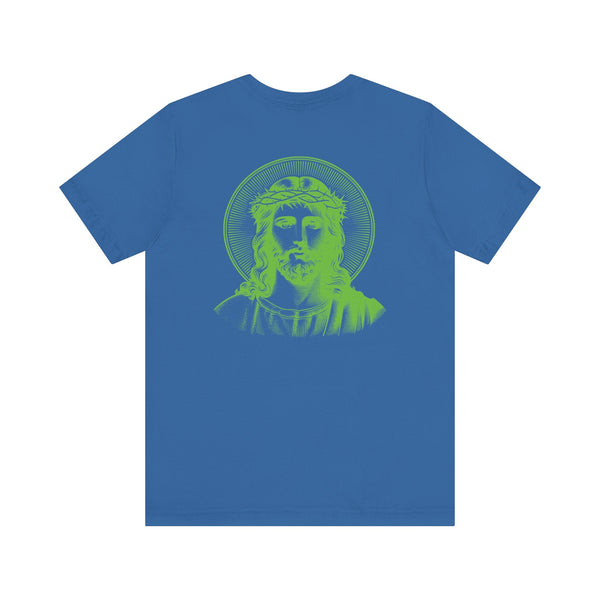 Blue t-shirt with green jumbo halo Jesus graphic on the back and small green Jesus print on the front left chest, Jesus graphic tee by Sandra Oles