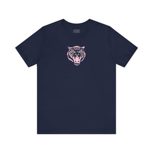 Navy tee with pink pastel mid-scale retro roaring tiger graphic on front
