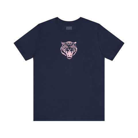 Navy tee with pink pastel mid-scale retro roaring tiger graphic on front