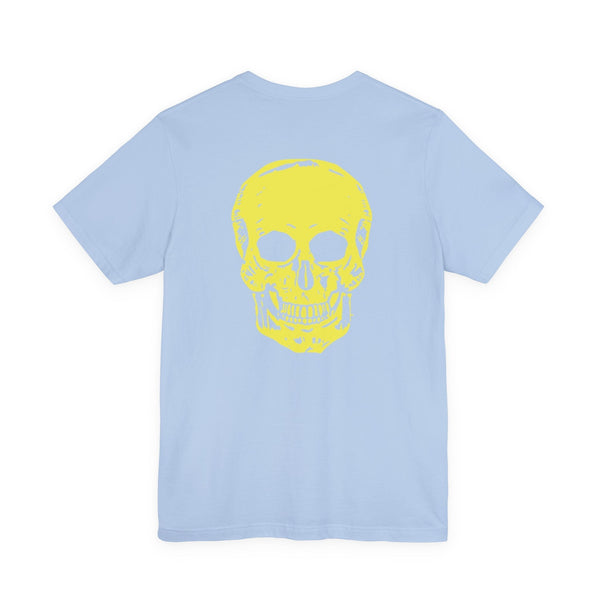 Light blue unisex tee with a large yellow skull graphic on the back and a minimalist mini skull print on the front, made of 100% cotton.