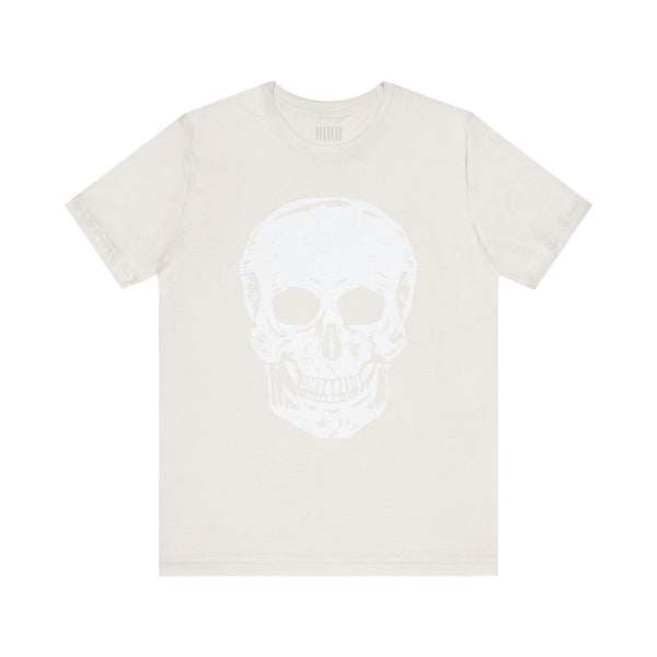 White graphic tee with jumbo skull design, classic fit, part of Fugitive Collection by Sandra Oles