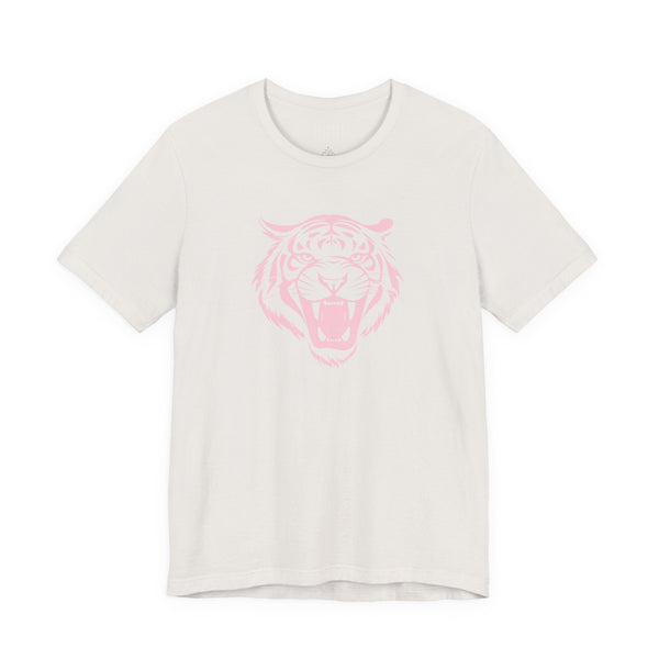 White aesthetic t shirt with jumbo pastel pink roaring tiger head graphic, unisex short sleeve tee