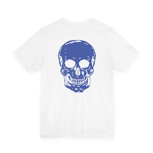White cotton graphic tee shirt with a large blue skull design on the back