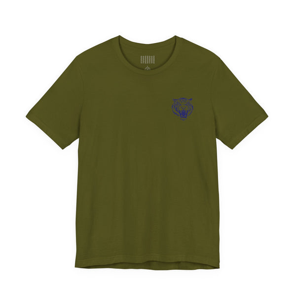 olive green retro graphic tee with small left front roaring tiger print and crew neckline