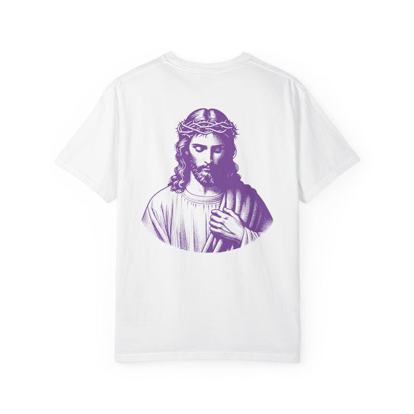 White t-shirt with large purple Jesus graphic printed on the back by Sandra Oles.