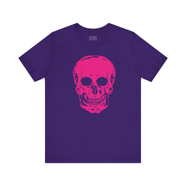purple edgy t shirt with large neon pink skull graphic front print