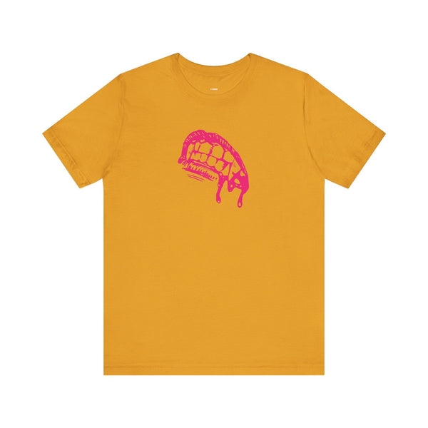 Yellow vampire t shirt with bold pink dripping fangs graphic for edgy streetwear style