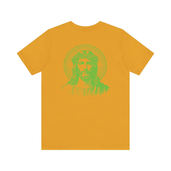 Yellow Jesus graphic tee with jumbo green halo Jesus design on the back and mini front print, made from soft cotton.