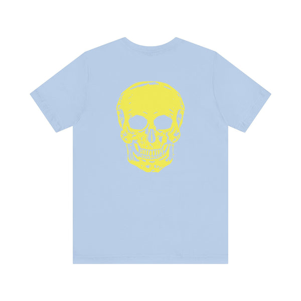 Light blue tee with jumbo yellow skull graphic on back, underground style streetwear design.