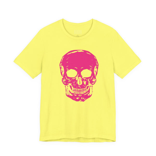 Yellow edgy t shirt with large neon pink skull graphic front print