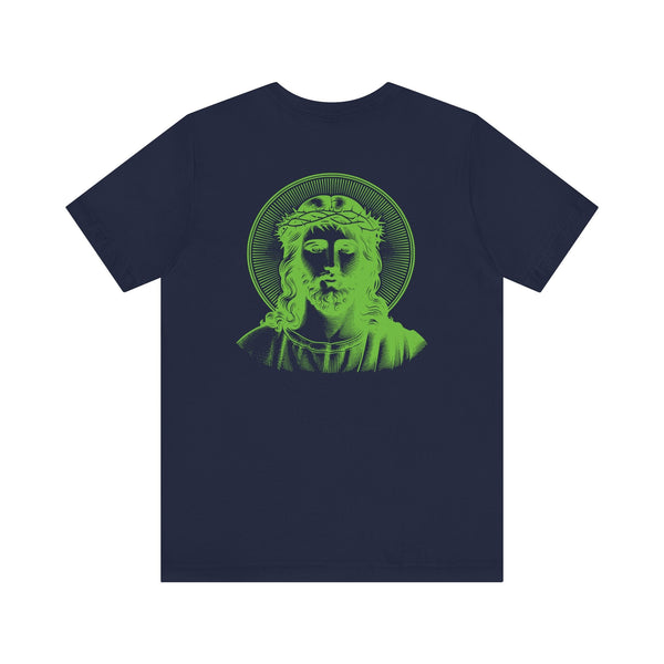 Navy blue Jesus graphic tee with green jumbo halo back print and small front left Jesus print, unisex, breathable cotton