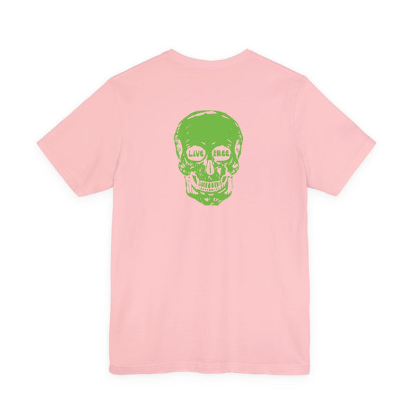 Pink cotton t-shirt with bold green skull print and "Live Free" text on the back, streetwear style.