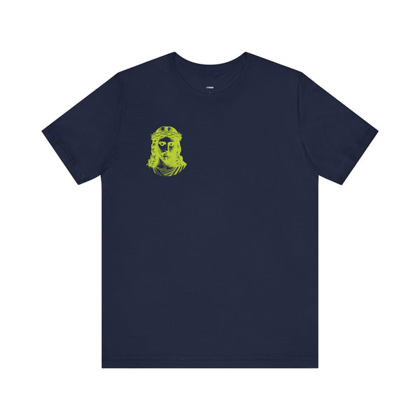 Navy unisex t-shirt with lime green mini Jesus graphic on front left chest and jumbo Jesus back print by Sandra Oles