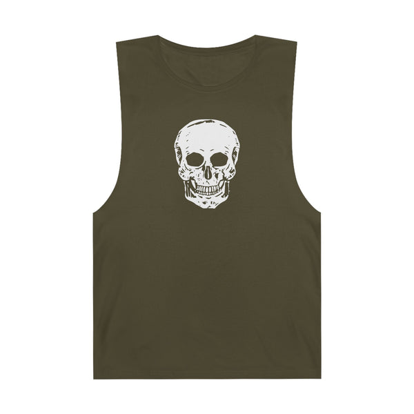 Olive green sleeveless tank top with bold white skull graphic on front, casual streetwear style with raw edges and ribbed collar.
