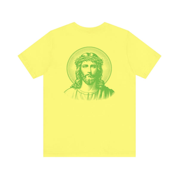 Yellow Jesus graphic tee featuring large green halo Jesus back print, bold Christian streetwear design